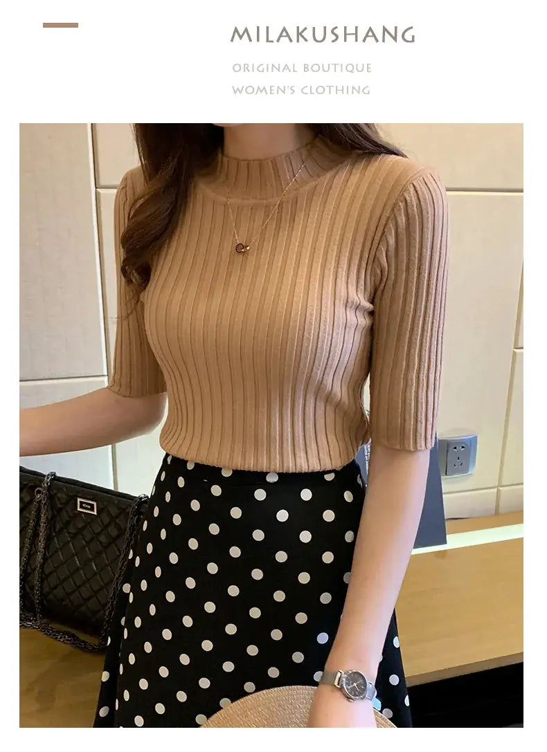 Beige ribbed knit short-sleeve top paired with a black polka-dot skirt; Milakushang