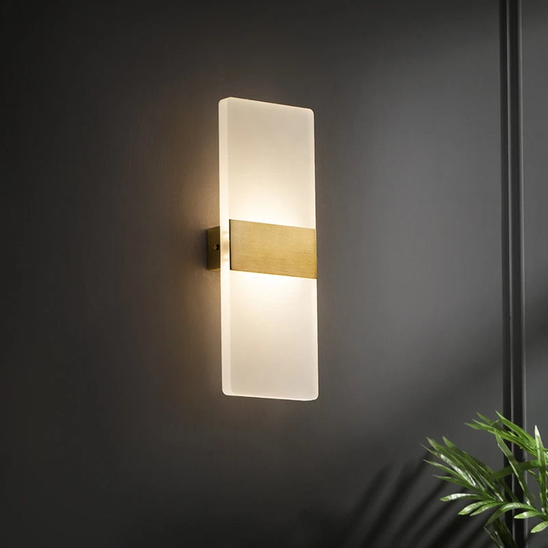 Modern mini LED wall lamp Simples Market; frosted acrylic shade with brass band wall sconce for bedroom.