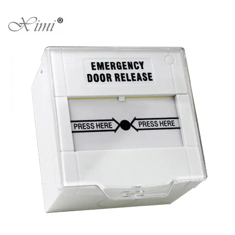 Emergency door release switch with cover, white plastic housing.