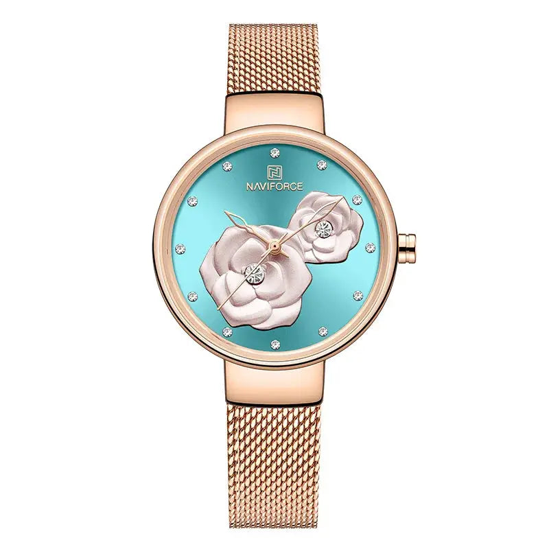 Women NAVIFORCE watch with turquoise floral dial and rose-gold mesh band