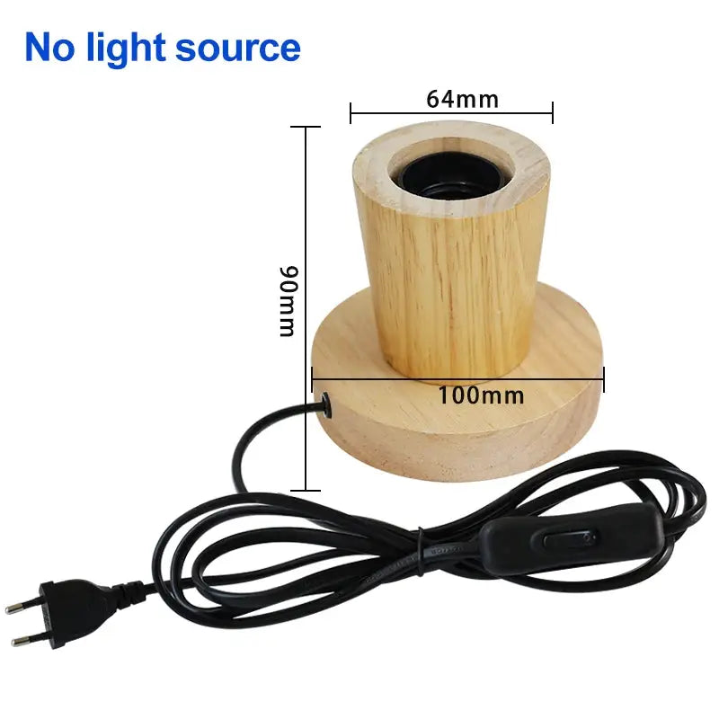 Modern retro wood table lamp with round base and cylindrical top, E27 socket, EU plug