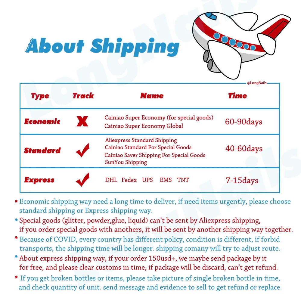About Shipping infographic with a cartoon airplane and a table listing Economic, Standard, and Express shipping options.