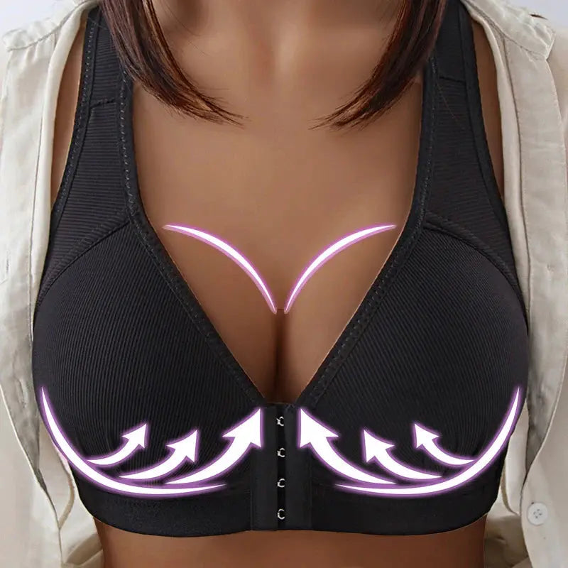 Push-up front-closure black bra with lift arrows, full-support bralette
