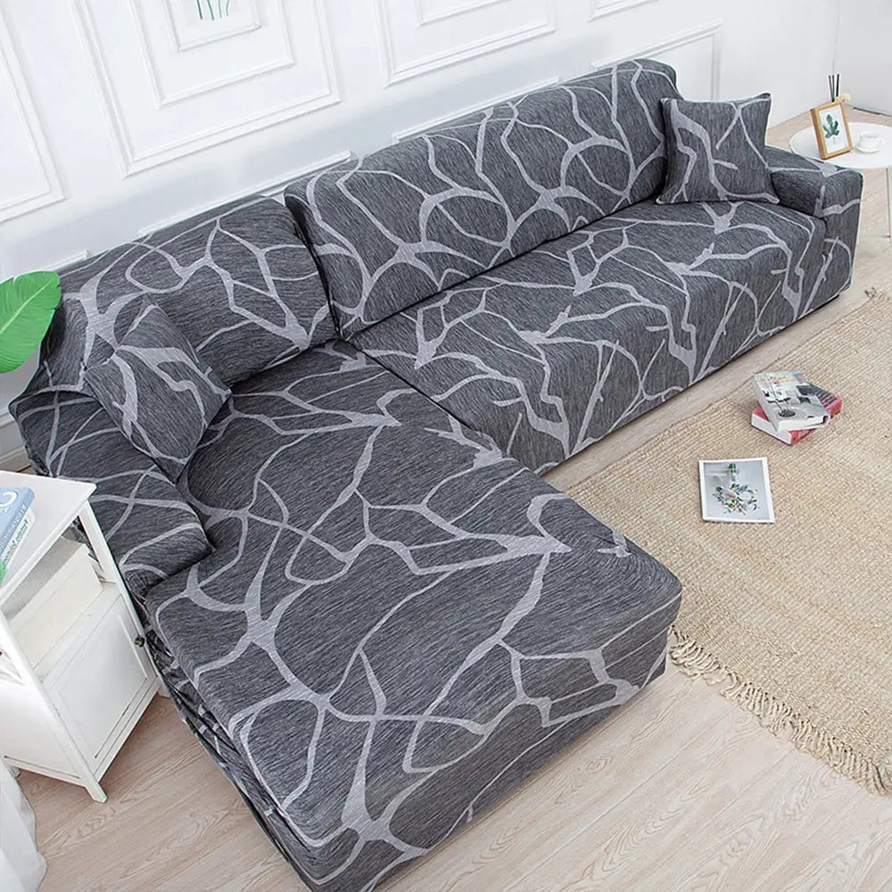 L-shaped sofa cover for living room, dark gray with light gray abstract branch pattern, elastic slipcover