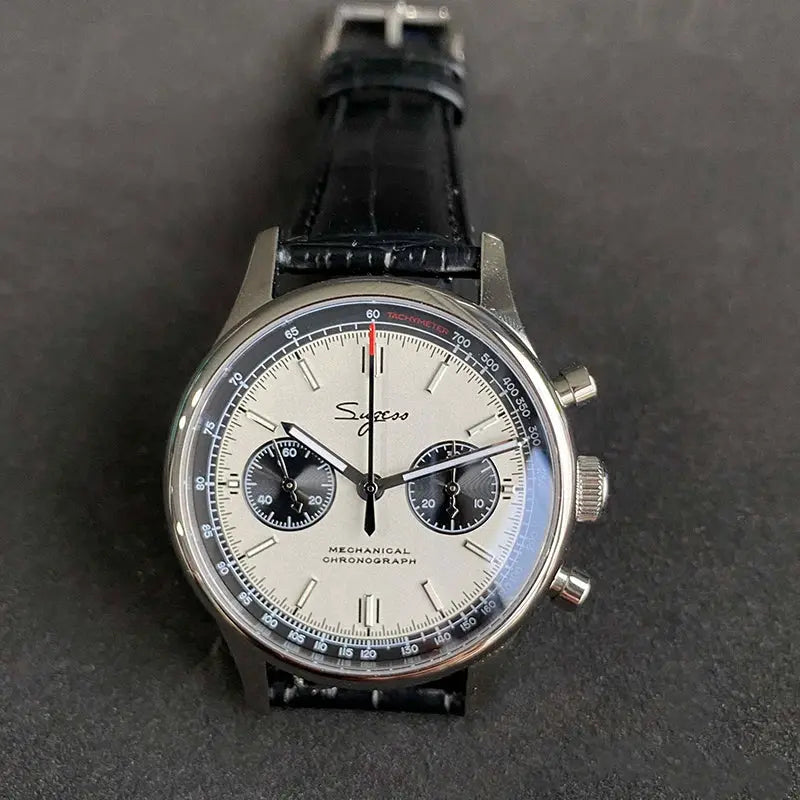 Simples Market panda chronograph watch, white dial with black subdials, 40mm case, black leather strap