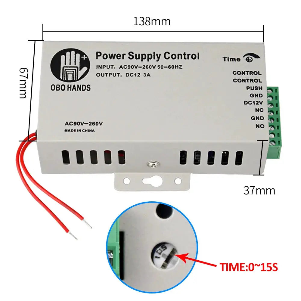 OBO HANDS outdoor access control gray power supply unit with red wires, green terminal block, and time-setting dial