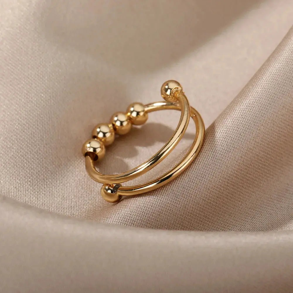 Adjustable Stainless Steel Spinner Ring For Women Anxiety Relief Beads Freely Rotating Anti Stress Jewelry Gift