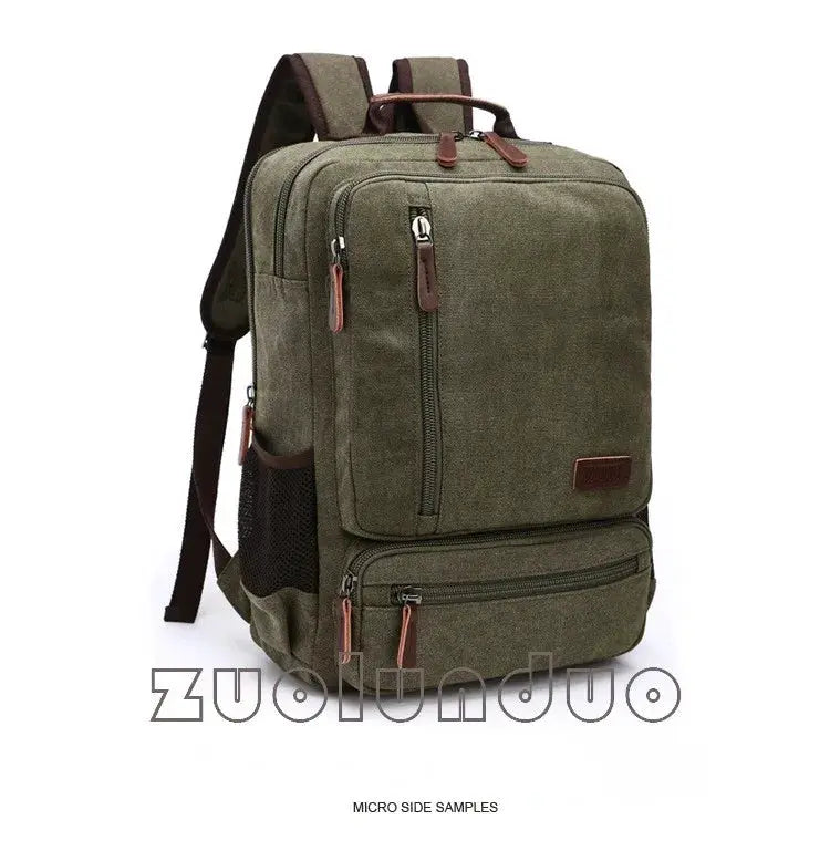 Vintage canvas backpack by Simples Market, olive green large-capacity laptop travel bag with multiple zip pockets