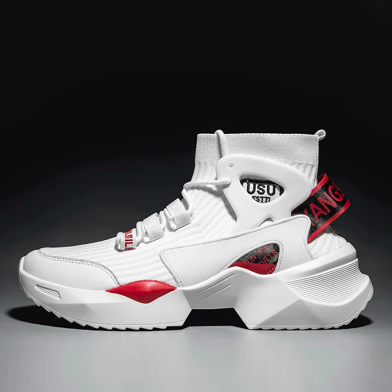 Men's white high-top sneakers with breathable knit upper, red accents and chunky sole from Simples Market
