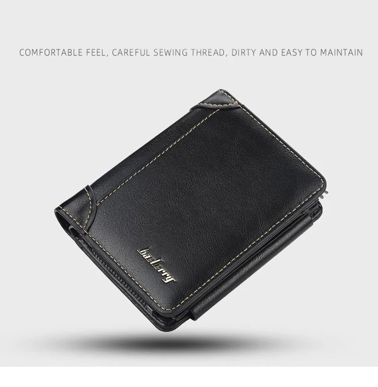 Simples Market PU leather men's wallet with zipper, black with yellow stitching.