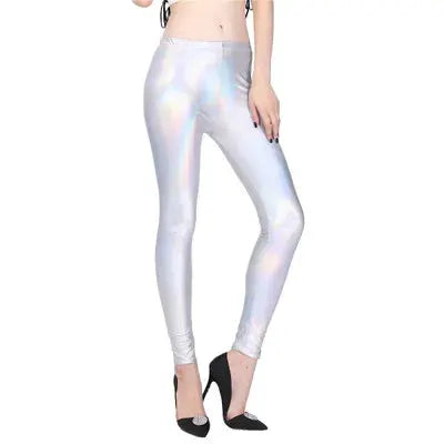 Ladies silver metallic laser leather leggings by Simples Market