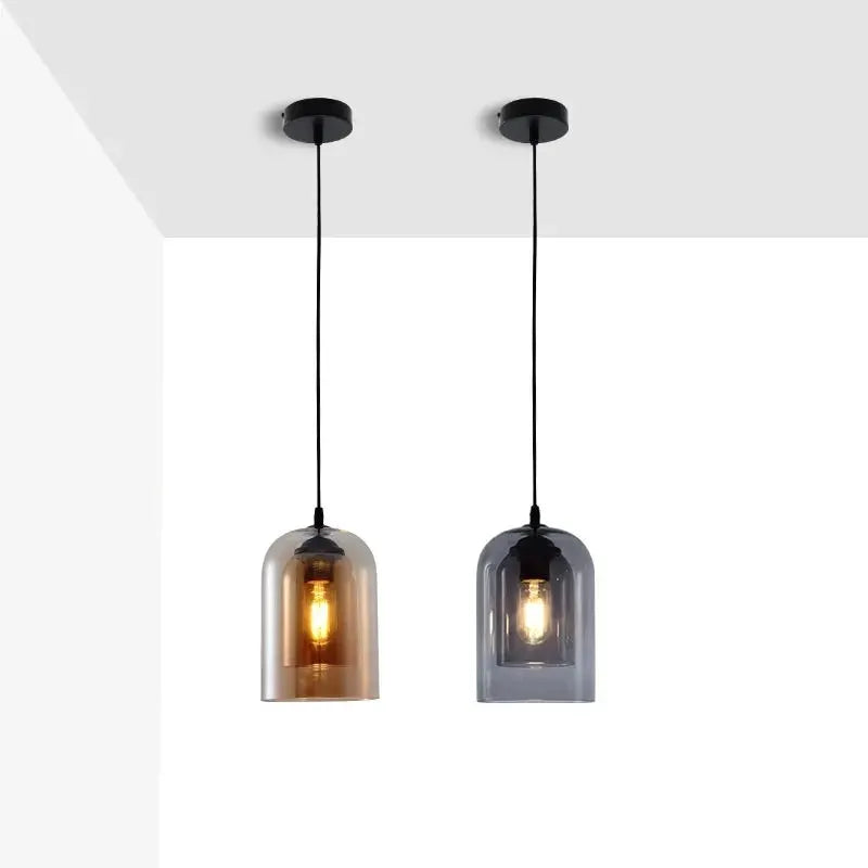 Led pendant lamp set (2) by Simples Market; gray and amber glass dome pendants with black cords