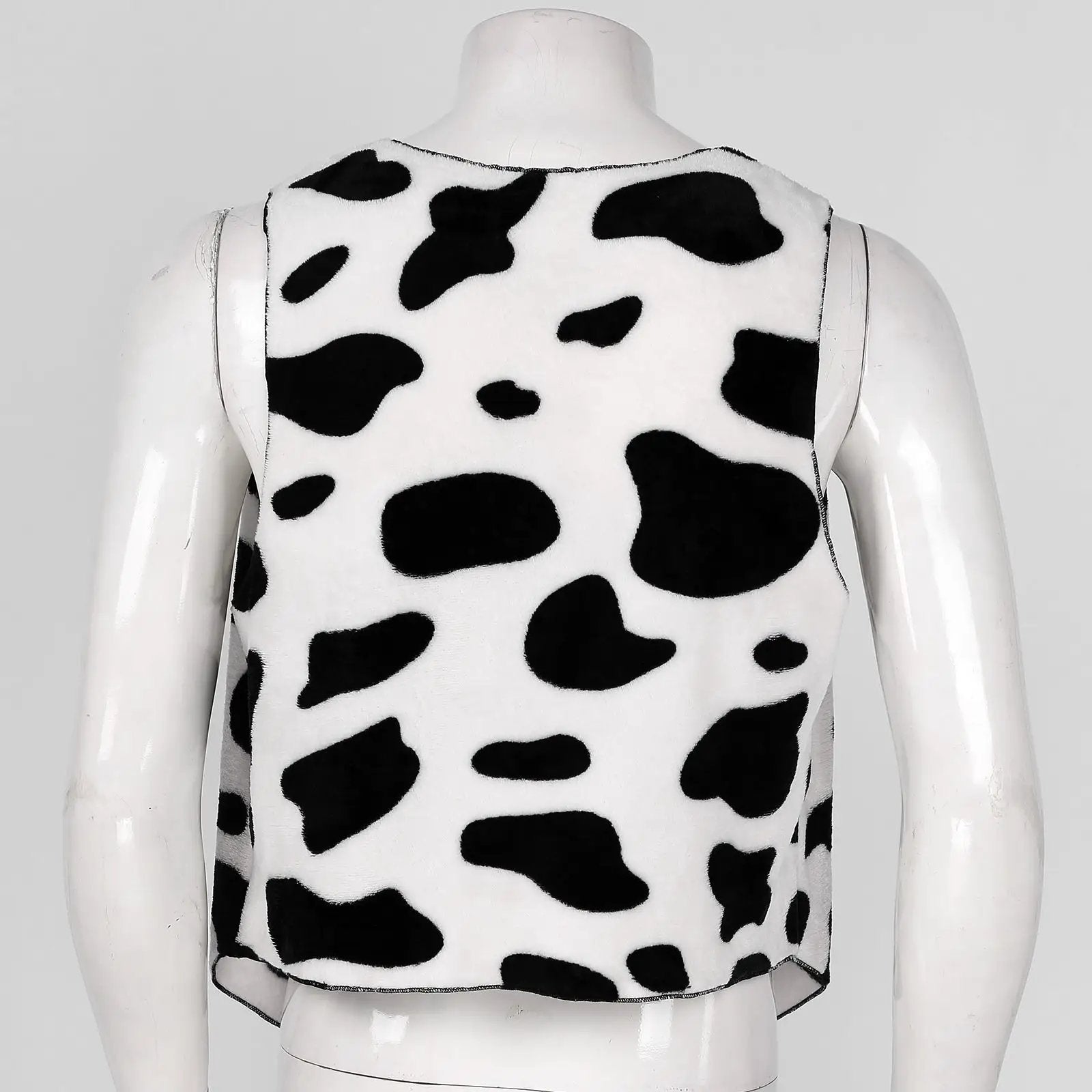 Men's cow-print sleeveless vest with open front; white fleece with black spots.