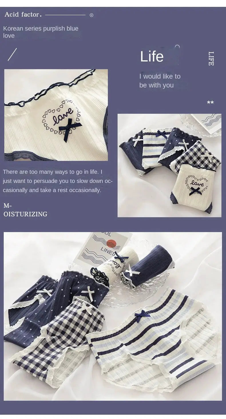 Simples Market cotton women's mid-waist seamless underwear set in navy and white with bows and lace trim