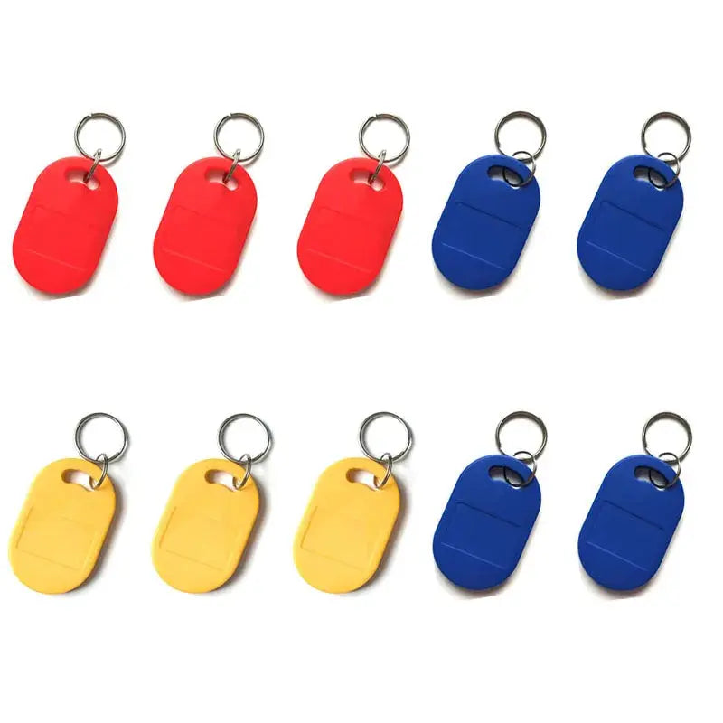 10-pack Simples Market keyfobs with dual RFID chips in red, blue, and yellow; writable UID/T5577 EM4305 + 13.56MHz