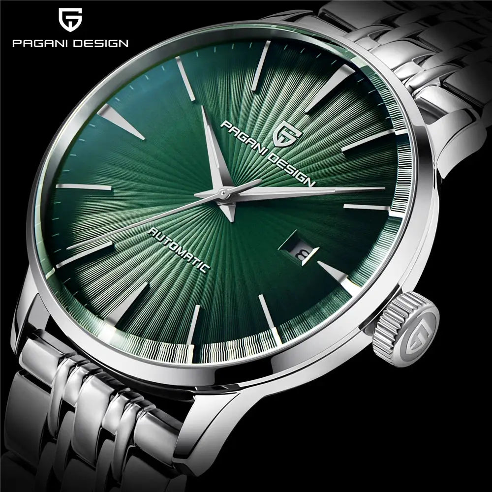 Pagani Design men's stainless steel automatic watch with green sunburst dial and date window