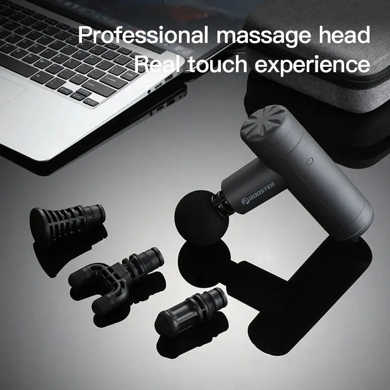 Booster Mini X massage gun, gray cordless percussion massager with 5 interchangeable heads by BOOSTER