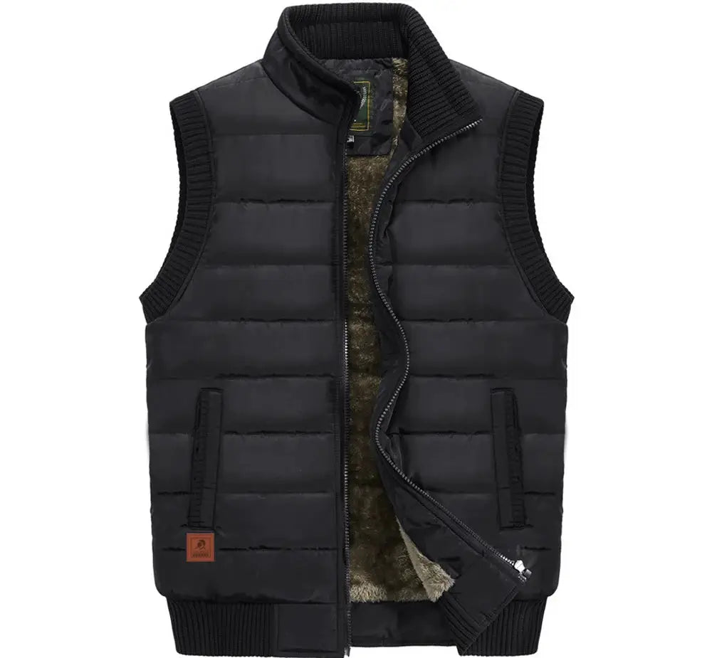 Men's black padded sleeveless vest with zip front and fleece lining.