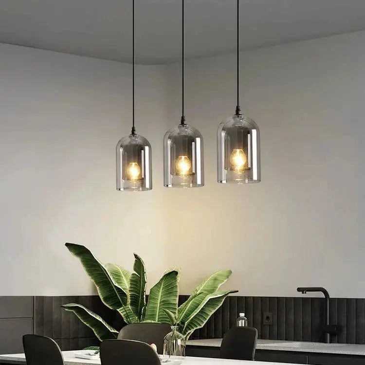 Led pendant lamp trio in gray glass with black cords, modern Nordic hanging lights over dining table