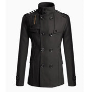 Men's black wool double-breasted overcoat with high collar and shoulder epaulettes.