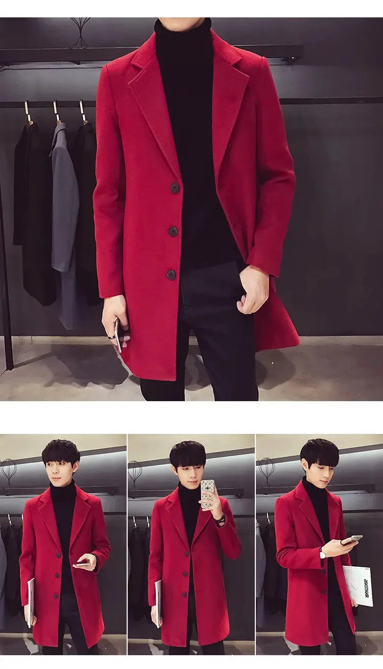 Men's red wool-blend long coat with notch lapels for a casual business look