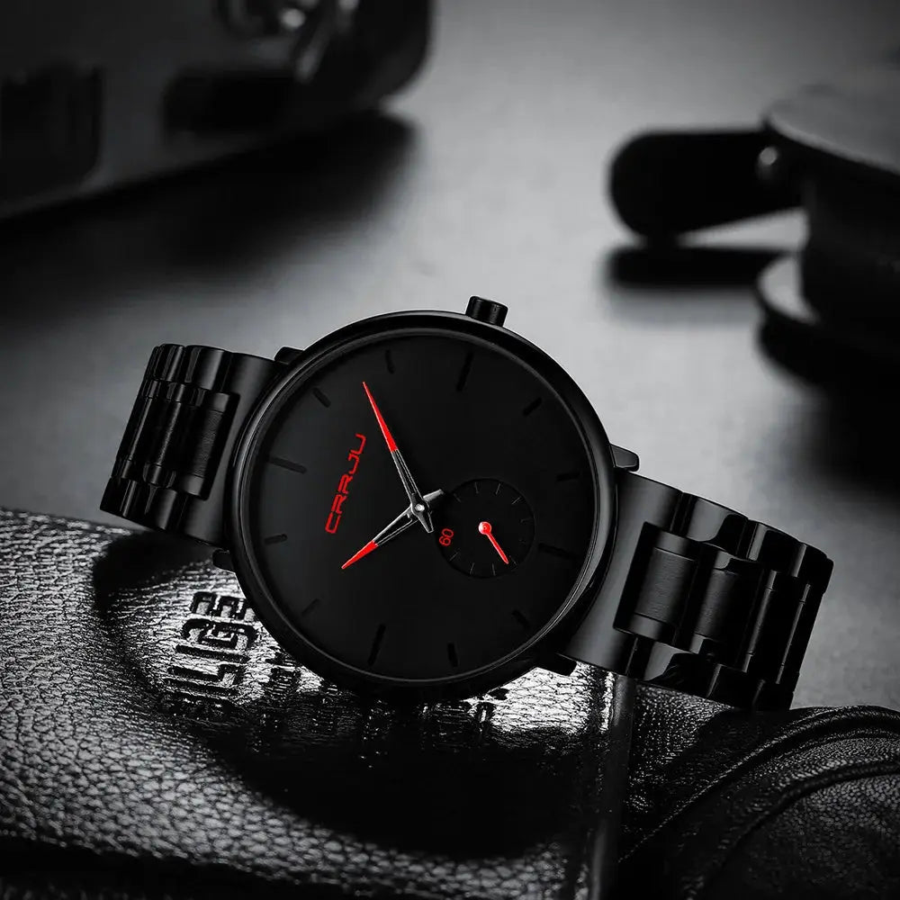 CRRJU men's black stainless steel watch with black dial and red hands