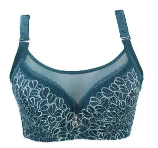 Full-lace teal bra for women with embroidered floral cups and center charm