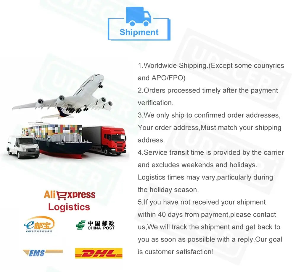 Shipping and logistics collage with airplane, cargo ships, and trucks; AliExpress Logistics, DHL, and China Post logos.