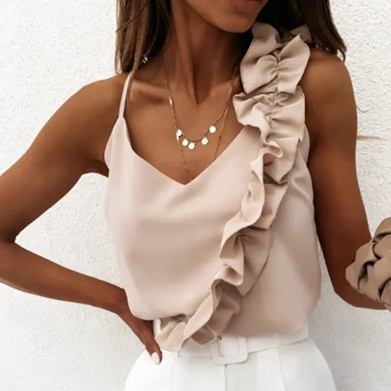 Women's beige one-shoulder spaghetti-strap blouse with ruffle detail