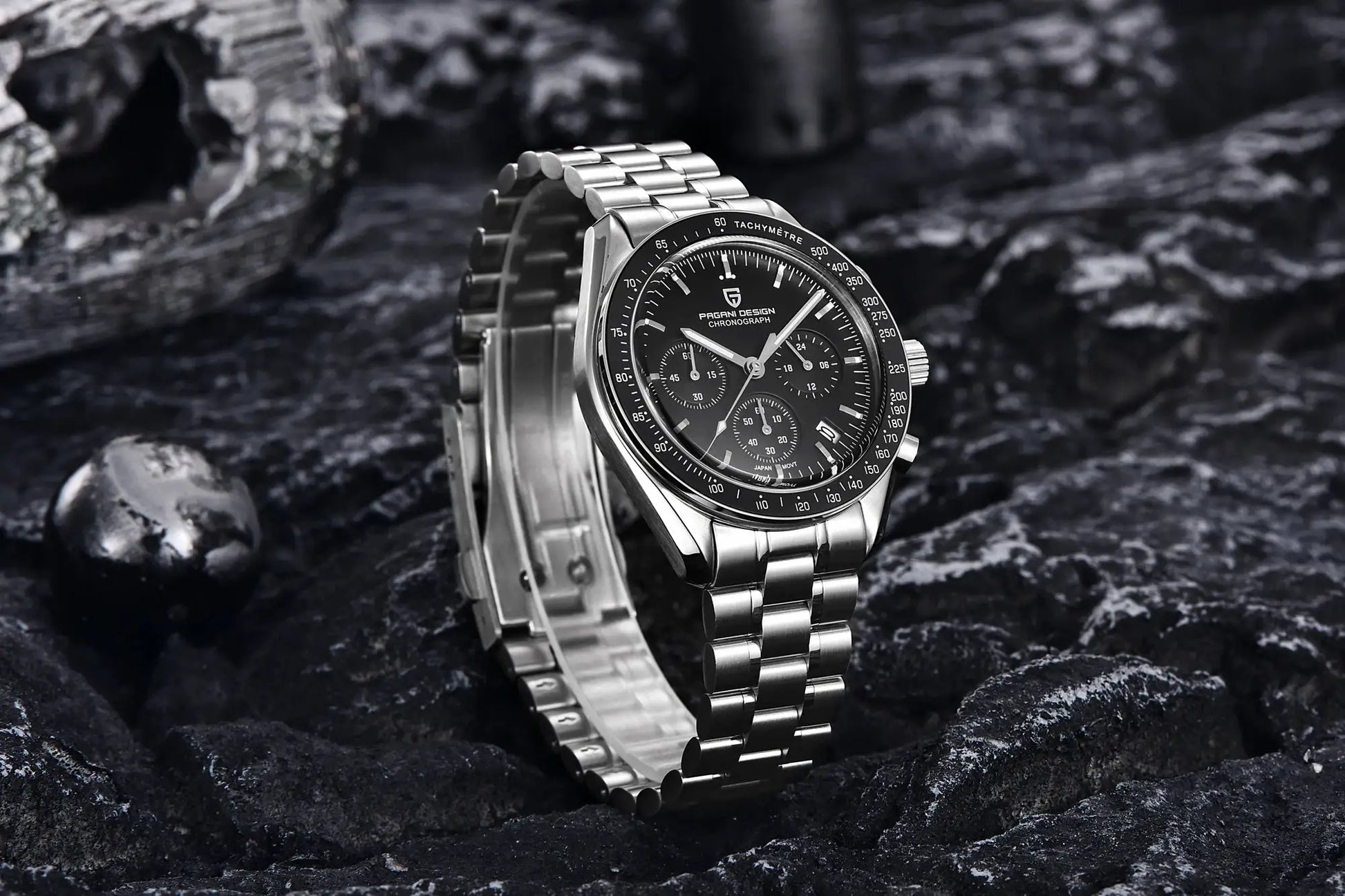 PAGANI DESIGN men's chronograph wristwatch with stainless steel bracelet, black dial, tachymeter bezel.