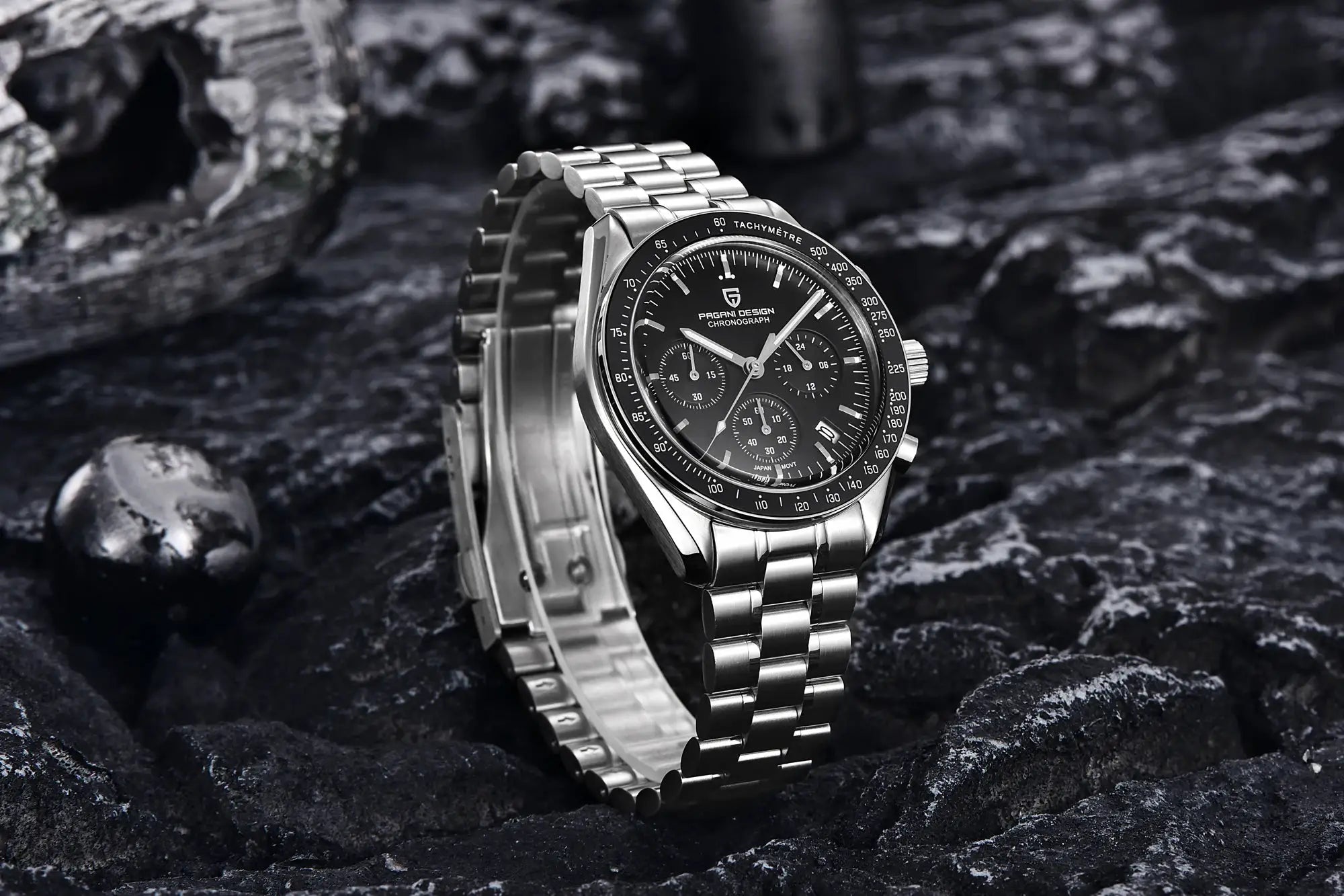 PAGANI DESIGN men's chronograph wristwatch with stainless steel bracelet, black dial, tachymeter bezel.