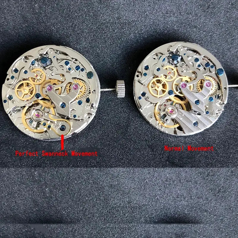 Sugess 1963 Pilot watch movements: swan-neck vs normal movement, exposed gears, blue screws.