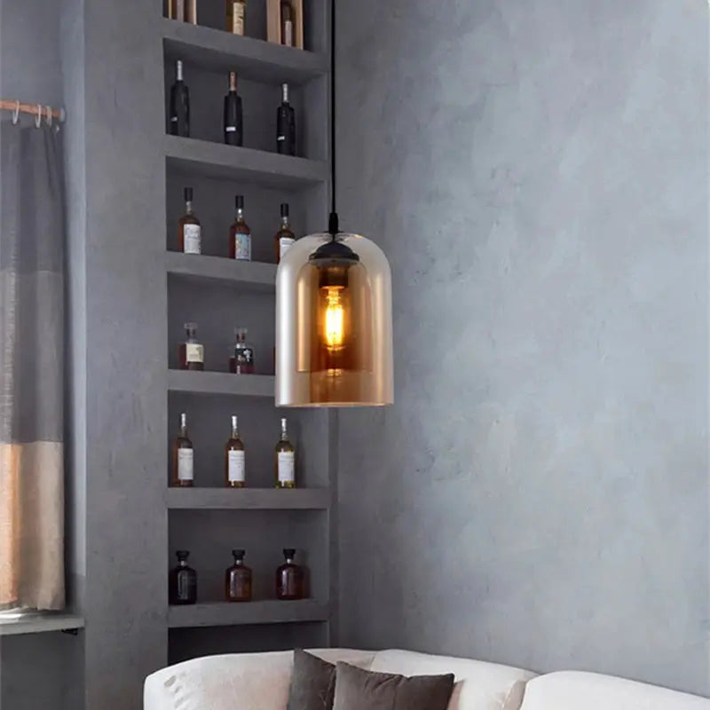 Led Pendant Lamp Nordic gray glass; modern hanging lighting with amber inner glow, E27 suspension.