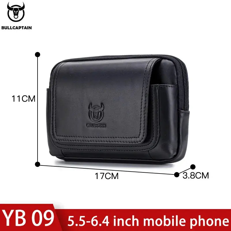 BullCaptain men's leather belt waist bag, black MOLLE fanny pack with front pocket, 11x17x3.8 cm