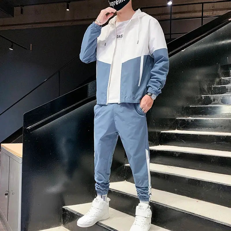 Simples Market men's blue and white color-block tracksuit two-piece with hooded jacket and joggers