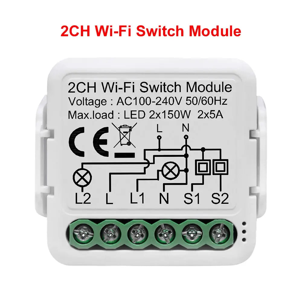 2CH Wi-Fi Switch Module, 100–240V, white housing with green terminal block; compatible with Alexa and Google Home.