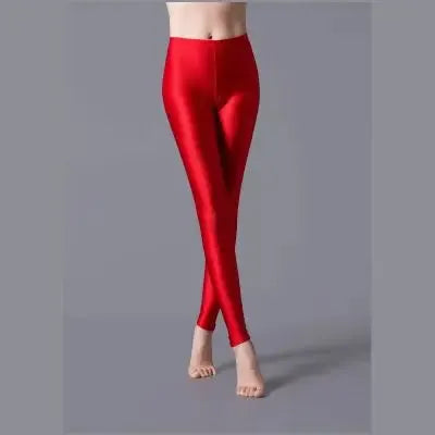Women's shiny red leggings, fluorescent solid color spandex with high elasticity, full-length