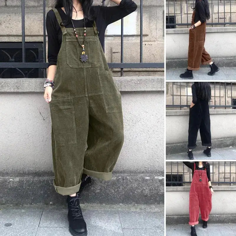 Women's corduroy overalls with bib suspender jumpsuits in olive green, brown, black, and red (4 colorways).