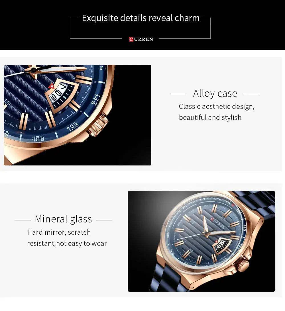 CURREN men's luxury watch with blue dial, rose-gold alloy case and blue stainless-steel band