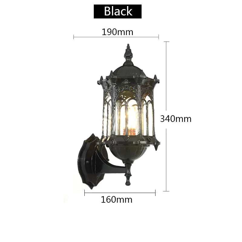 Simples Market black retro outdoor wall lantern with ornate metal frame and glass panels