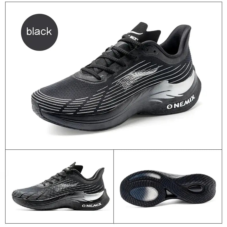 Onemix black running shoe, breathable lightweight lace-up sneaker