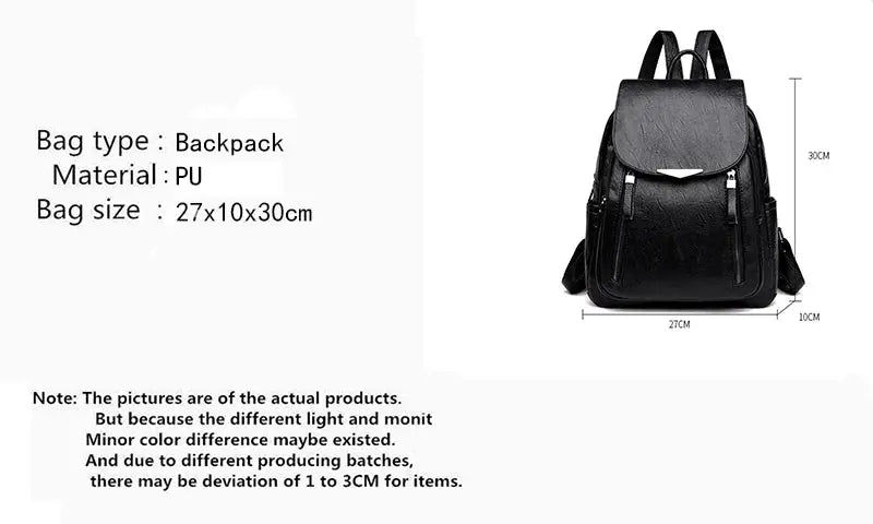 Yogodlns black PU leather backpack for women, large-capacity with double zippers, 27x10x30 cm