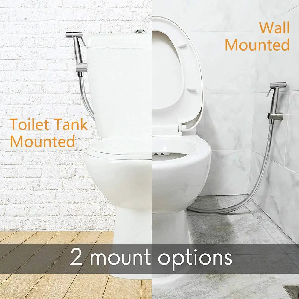Toilet bidet sprayer set with stainless steel handheld spray and hose; tank and wall mount options.