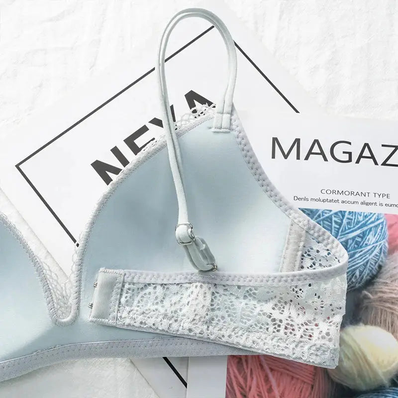 Lace bralette by Simples Market, light blue wireless bra with floral lace trim