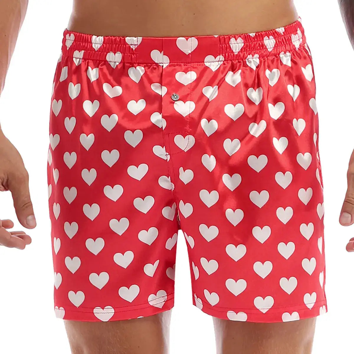 Men's red boxer shorts with white heart print, lightweight soft fabric for beachwear