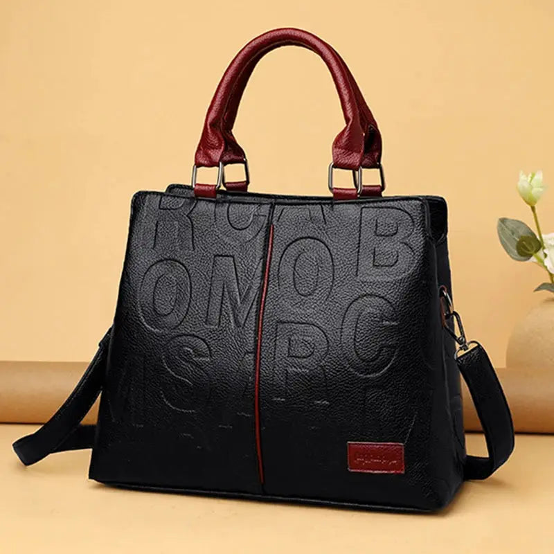 Simples Market PU leather crossbody bag for women, black with red handles and vertical red stripe, large capacity.