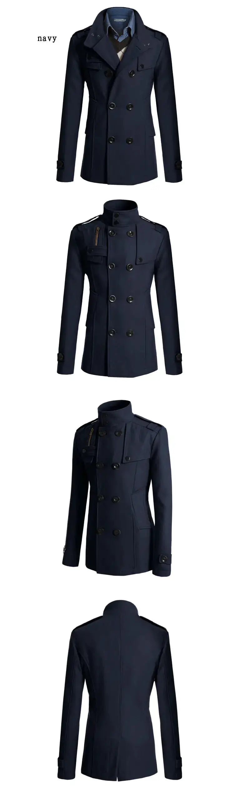 men's navy wool overcoat, double-breasted trench-style coat with epaulets and stand collar