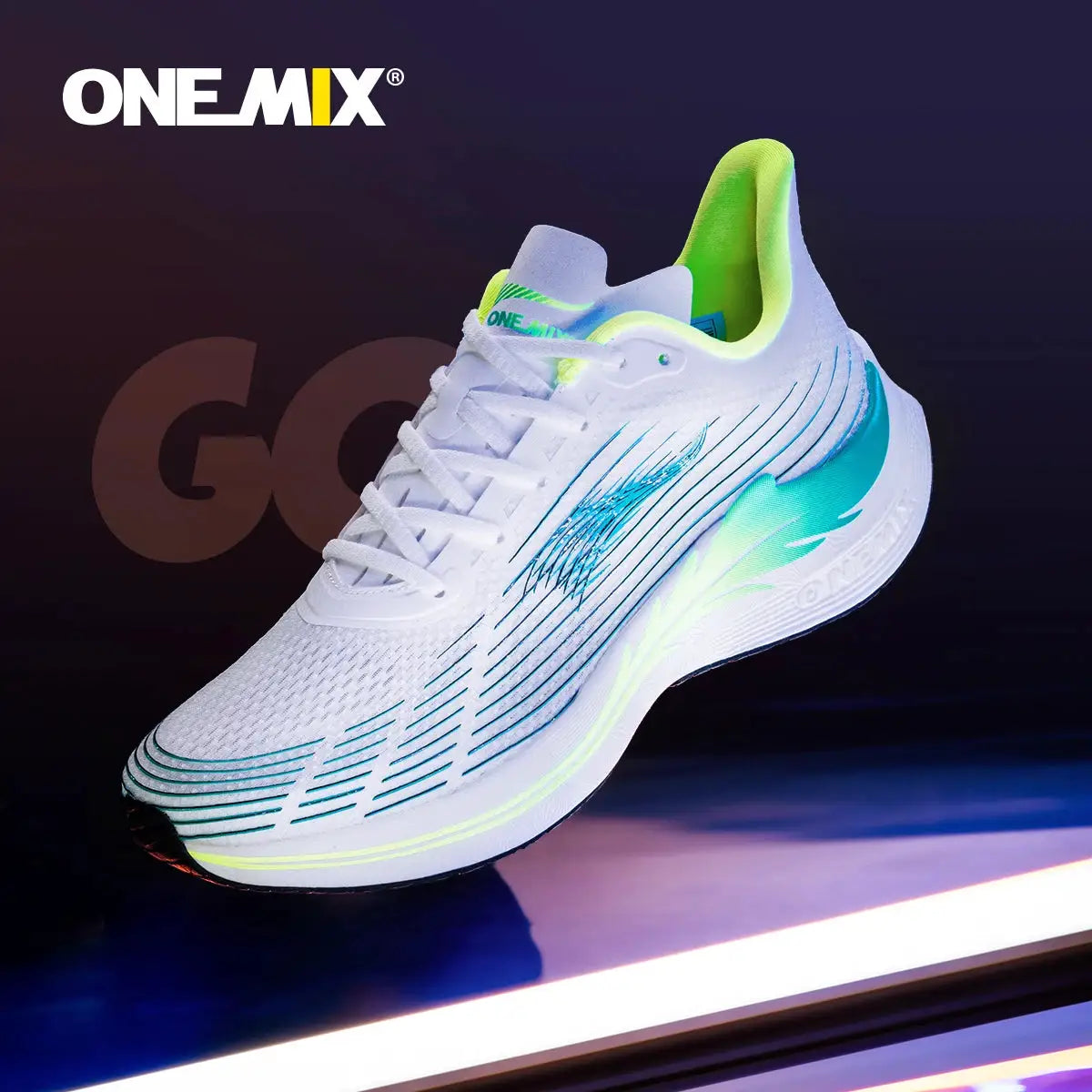 Onemix running shoes lace-up athletic sneakers; white mesh upper with neon lime interior and teal sole