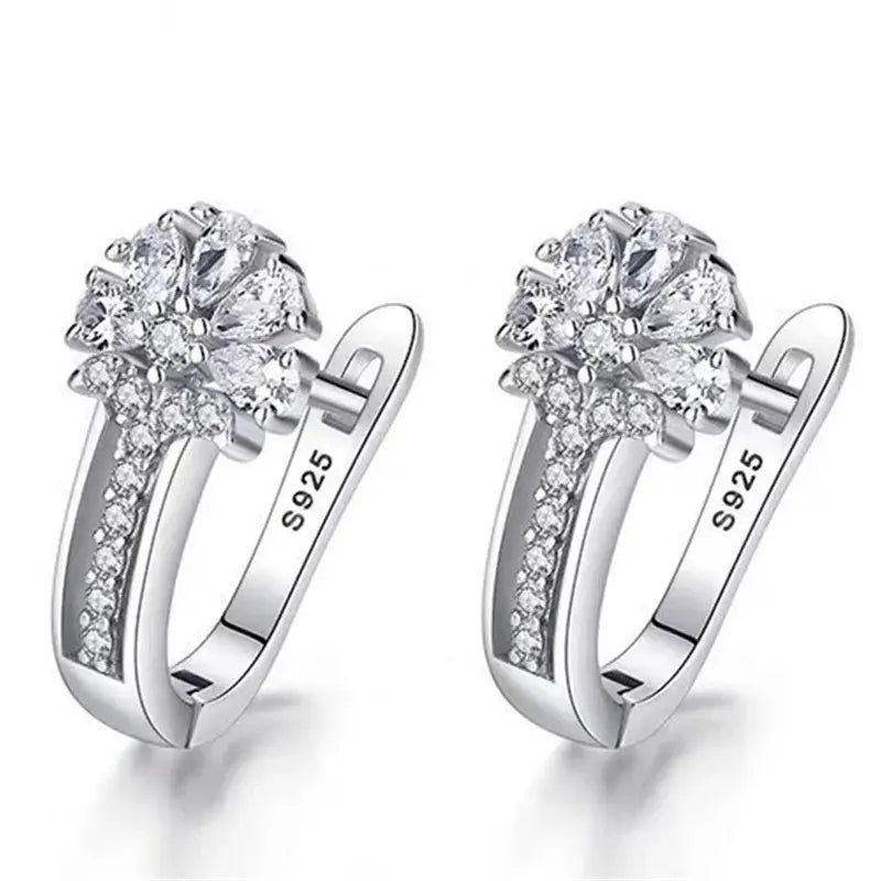 Sterling silver flower hoop earrings with zircon inlays, S925, Simples Market, 2 pcs
