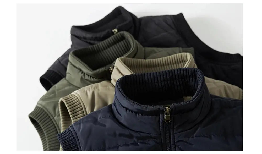Men's padded sleeveless winter vest set; stand collar, zip closure, assorted colors (navy, black, olive, beige, khaki) – 6-pack